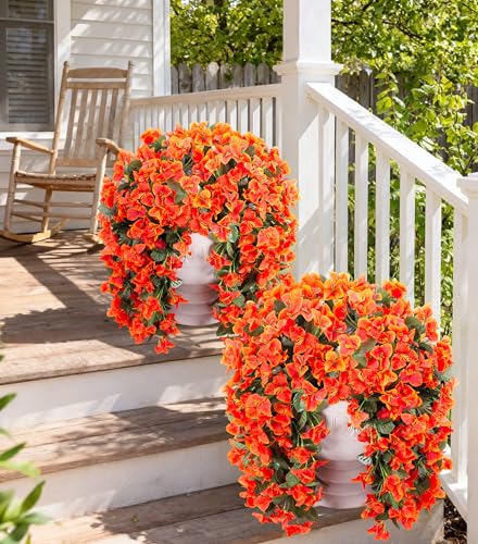 Artificial Bougainvillea Faux Flowers Plants for Outdoors Outside Fall Autumn Decor, 2 PCS Silk Trailing Vines UV Resistant Realistic Orange Fake Flowers for Planter Front Door Porch Patio Balcony - color: Orange