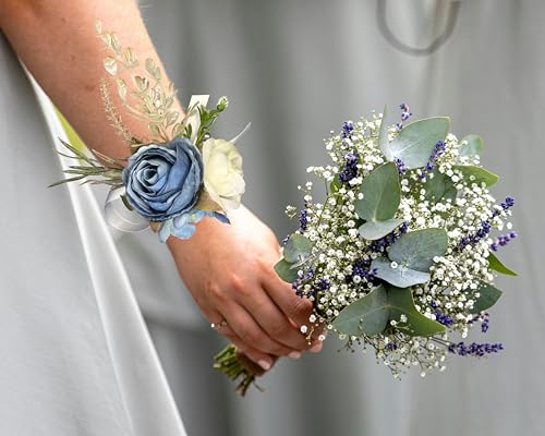 Corsage and Boutonniere Set Corsage Wistlet Dusty Blue Corsage Wrist Artificial Flower Perfert for Proms | Weddings for Bride,Bridesmaids, Groom,Groomsmen Decor (Dusty Blue) - color: Dusty Blue