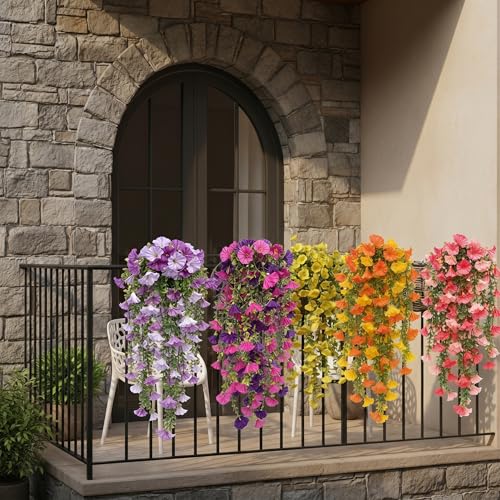 8 Packs Artificial Hanging Flowers for Outdoors Fake Morning Glory for Home Decoration UV Resistant Mixed Color Greenery and Flowers for Porches Gardens Yard Decor (Mixed-Color) - color: Mixed-color