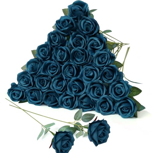 30pcs Fake Roses Artificial Silk Flowers Long Stems Bouquet for Wedding Bridal Shower Party Home Decoration (Teal) - color: Teal