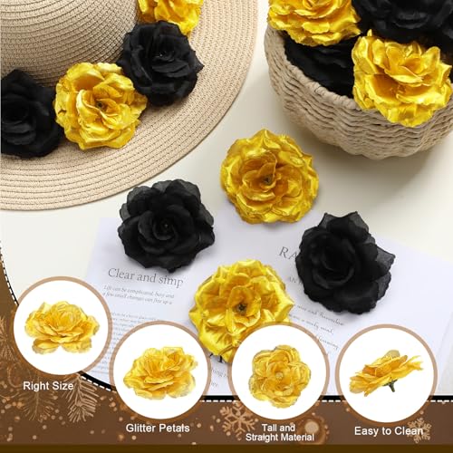 Yunlly 100 Pcs Artificial Flowers Fake Silk Roses Long Stem Rose Bouquet Wedding Party Home Decor for DIY Baby Shower Centerpieces Tables Home Decorations (Black and Gold) - color: Black and Gold