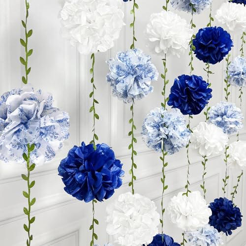 Blue and White Floral Royal Blue Tissue Flowers Pom Pom with Sage Green Leaf Ribbon Hanging Streamer Garland for Birthday Baby Shower Wedding Engagement Chinoiserie Theme Party Decorations Supplies - color: Blue Floral
