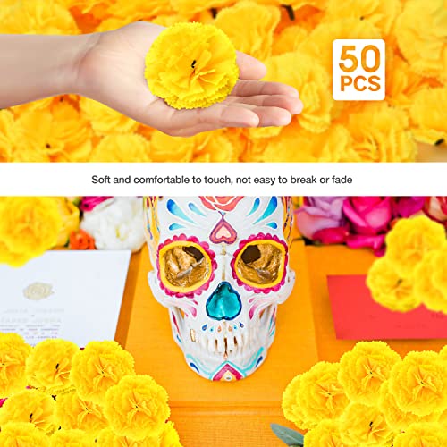 50 Pcs Marigold Flowers Silk Artificial Marigold Flowers, Mexican Flowers Decoration for Baby Shower Wedding Party Decoration Halloween Christmas New Year Decor - color: Yellow