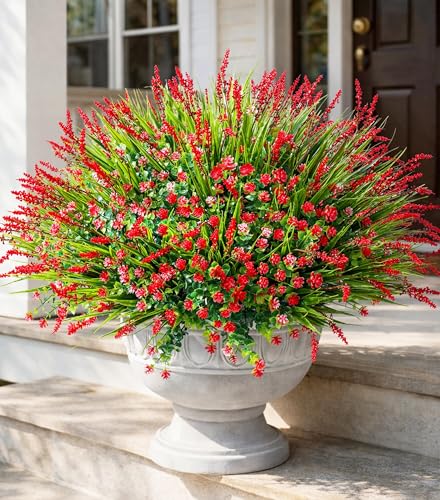 HyeFlora 20 Bundles Artificial Fake Outdoor Plants Flowers for Spring Decoration, UV Resistant Realistic Red Plastic Flowers Faux Plant Monkey Grass for Planter Home Garden Porch Patio Window Box - color: 12pcs Red Monkey Grass+8pcs Red Flowers
