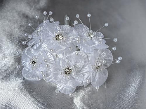 72PC Artificial Organza Flower Rhinestone Pick for Home Craft Decor DIY Wedding Bridal Veil Headband Dress Cake Topper Embellishment Scrapbook Favor Corsage Floral Bouquet Arrangement (White) - color: White