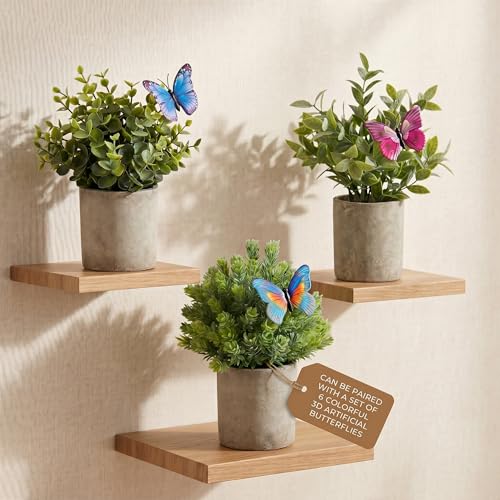 3 Pack Mini Artificial Potted Plants – Fake Eucalyptus, Boxwood & Rosemary with 6 Butterfly Stakes | Small Faux Plants for Shelf, Desk, Bathroom, Office & Farmhouse Home Decor