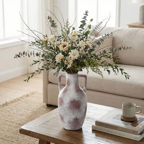 Ceramic Flower Vase with Handles, 12.8 inch Tall Farmhouse Vase Rustic Vases Decorative Pottery Vases Large Floor Vase for Home Decor Living Room Bookshelf Table Centerpiece Fireplace, Terracotta - color: 12.8 in - Terracotta