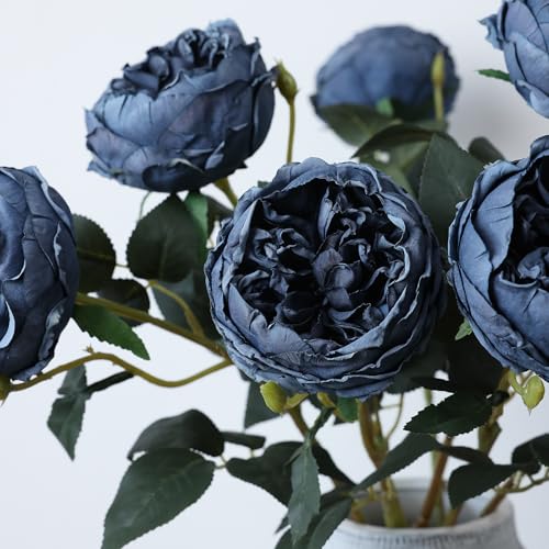 mizii 6Pcs Burnt Blue Artificial Roses Flowers Fake Silk Roses Flower with Long Stem for Wedding Decorations Table Centerpieces Flower Arrangement Home Decor (Burnt Blue) - color: Burnt Blue