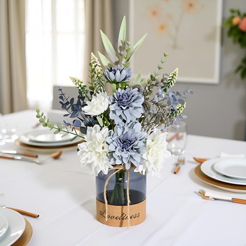 Fake Flowers in Vase,Silk Dahlias in Vases,Flower Arrangements Decoration | Fake Flowers in Vase,Silk Dahlias in Vases,Flower Arrangements for Table,Used for Home Office, Bathroom, Kitchen Decoration - color: Blue+white