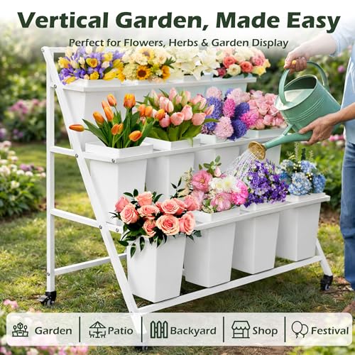 PROLEE Flower Display Stand with 12 Buckets, Flower Cart 3 Layers, Flower Stand Metal with Wheels, Moving Florist Bouquet Shelf, Triangular Rack, White - color: White