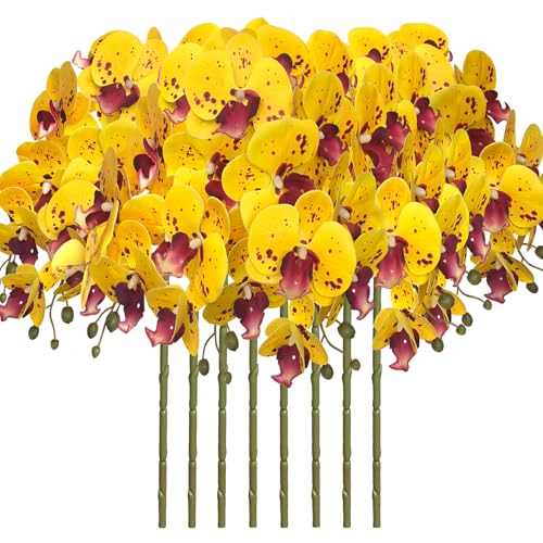 FagusHome 8 Pcs Artificial Phalaenopsis Flowers 32 Inch Artificial Orchid Flowers Fake Flowers Stem Plants for Home Décor (Yellow Piebald) - color: Yellow Piebald