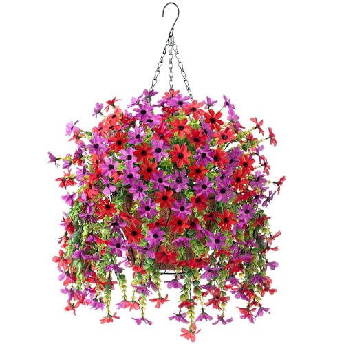 INXUGAO Artificial Hanging Flowers Plants with Basket for Outdoors, Realistic Faux Silk Daisy Flower Eucalyptus for Spring Decor, UV Resistant Fake Plants for Porch Patio Yard Balcony(Red Purple) - color: A-red Purple