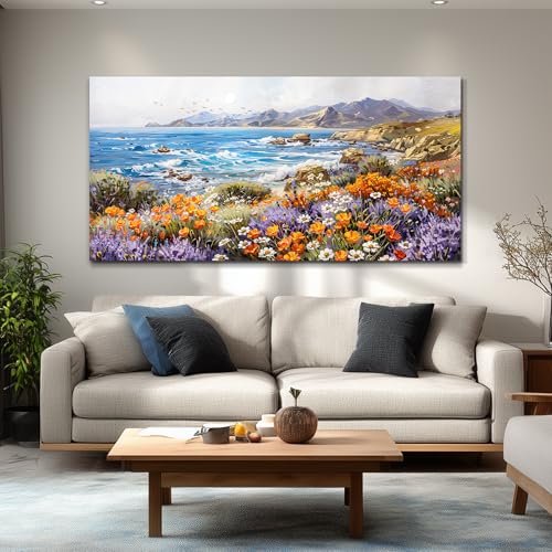 ZUITINGHUA Canvas Wall Art For Living Room Large Wall Decor For Office Bedroom Decorations Seascape Landscape Pictures Coastal Wildflower Painting Artwork Room Wall Mural Aesthetic Home Decor 30x60 In - color: Coastal Wildflower Seascape, size: 60"L x 30"