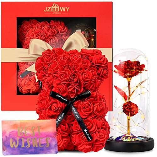 Flower Rose Bear for Mom,Perfect Birthday Romantic Gift for Wife Daughter Girlfriend Friend Her,Light up Rose in Glass Dome for Birthday Anniversary Mothers Day Valentines Day - color: Red1