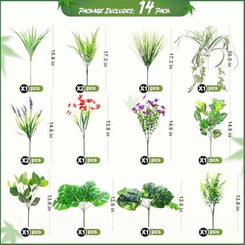 Artificial Plants Outdoor UV Resistant, 14 Bundles Faux Greenery Flower with Lavender & Hanging Vines, Fake Outdoor Plant for Planters, Porch, Window Boxes, Patio & Garden Decor - color: Green01