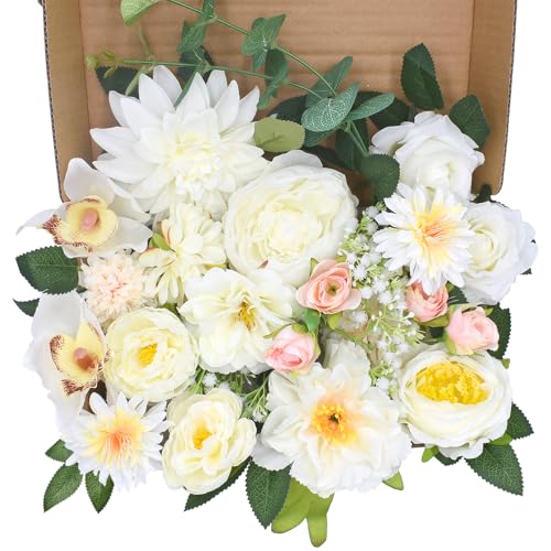 Artificial Flowers Bouquets Box Set, Artificial Rose for DIY Bridal Wedding Decorations Fake Roses Floral Arrangement for Table Centerpieces Baby Shower Home Decorations (White)
