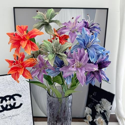 Artificial Lily Flowers Fake Silk Flower Plastic Stems Faux Bloom Stargazer Lilies Plant for Wedding Bouquet Party Garden Hotel Home Decor Vase Floral Arrangements 4 Pack (Green) Total 12 Flower Heads - color: Silk Flowers / Green / 4 Pack