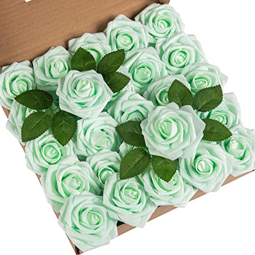 DuHouse 25Pcs Artificial Roses Flowers Fake Roses with Stems Real Touch Foam Flowers for DIY Wedding Bouquet Centerpiece Floral Arrangement Party Home Decor(Mint Green) - color: Mint Green, size: 25pcs