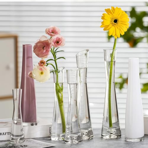 Hand-Made Blown Art Bud Glass Vase Transparet Gray Small Glass Vase Glass Flower Vase Heavy Base Single Stem Flower Drop Vase for Home Wedding Decor (Oblique Mouth-23cm)