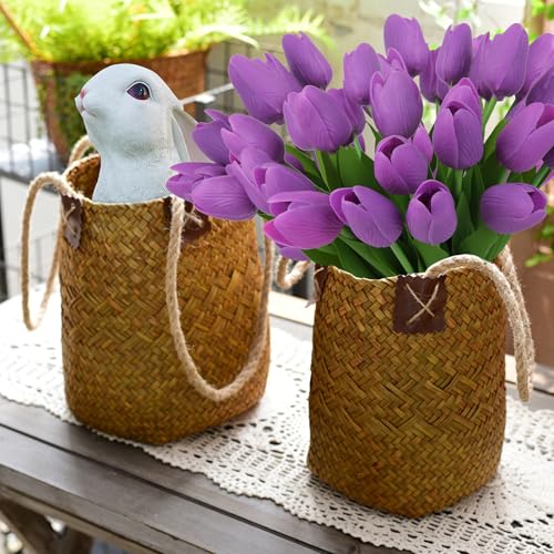 Artificial Tulips Flowers Fake Latex Tulip Stems - 30pcs Real Touch Faux Multicolor Tulips Flower for Easter Spring Wedding Bouquet Centerpiece Floral Arrangement Cemetery Table Decor - color: Purple