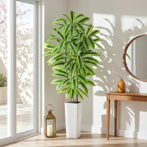 Artificial Yellow Dracaena Tree - 7FT Tall Fake Plants with White Tall Planter - Artificial Plants Indoor Floor Plant in Pot - Large Tropical Fake Yucca Potted Tree for Home Office Living Room Decor - color: White-yellow Leaf, size: 7 FT