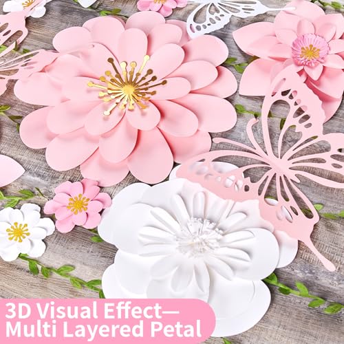 Paper Flower Decoration for Wall 3D Paper Butterfly Flower Bulletin Board Decor Pink White Artificial Flower Backdrop Wall Decor Green Leaves Vine for Classroom Office Spring Garden Tea Women Birthday - color: Pink, White Paper Flower