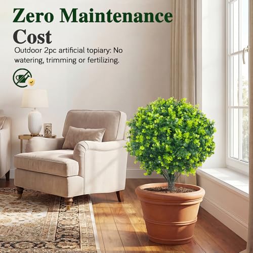 PATIO CHOICE Topiary Trees Artificial Outdoor Boxwood Ball Trees with Ground Spike Set of 2 22" Fake Outdoor Plants Faux Bushes and Shrubs Decorations for Outdoor Indoor Front Porch Garden - color: Green, size: 22in