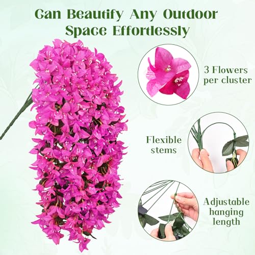 2Pcs Artificial Flowers Fake Hanging Plants for Outdoors | UV Resistant Realistic Silk Bougainvillea for Porch Patio Balcony Decoration (Purple) - color: Purple, size: 8 Pcs