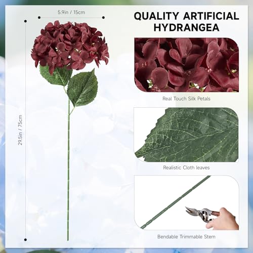 6 PCS Artificial Hydrangea Flowers, Faux Silk Hydrangea with Long Stems, Home Wedding Decor, Table Centerpieces, Party Decorations (Dark Red) - color: Dark Red
