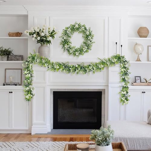 6FT Eucalyptus Garland with Flowers, 4 Pack Greenery Hanging Summer Eucalyptus Garland Suitable for Table Wedding Backdrop Arch Wall Party Thanksgiving UV Protected Indoor Outdoor Decorations - size: 4 Pack