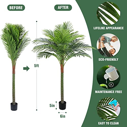 FLOWORLD Palm Tree Artificial Tropical Plant 5FT Tall Faux Plants Indoor Fake Floor Plants Decorative Palm Tree Large Office Plant Artificial Palm Trees for Home House Decor - size: 5ft