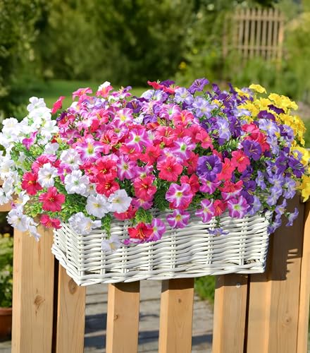 Artificial Flowers for Outdoors Fake Plants Outside Decoration, 20 Bundles Silk Petunia with Eucalyptus UV Resistant Realistic Faux Flowers for Outdoor Planters Garden Balcony Yard Porch Patio, Mix - color: 6mix(4 Purple, 3 Gradient Purple, 3 Fuchsia, 4 G