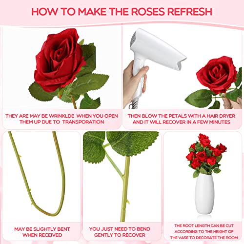 Jexine 50 Pcs Artificial Rose Flower Bulk Realistic Silk Fake Roses with Long Stem Plastic Artificial Flower Bouquet Real Looking for Home Wedding Centerpieces Party Decoration(Red) - color: Red