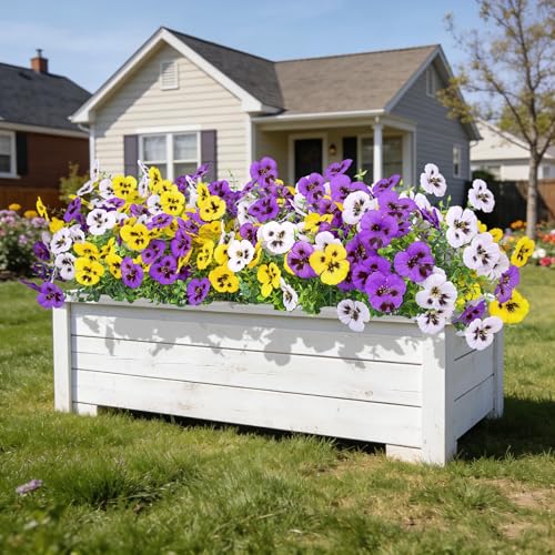Ouddy Decor 20 Bundles Artificial Pansy Flowers for Outdoors, Fake Silk Flowers Faux Plants UV Resistant for Vase Table Balcony Planter Porch Yard Garden Indoor Outdoor Home Decor, Purple Yellow White - color: Purple Yellow White