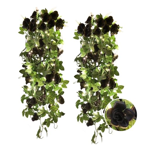 RECUTMS Artificial Black Rose Hanging Flower Plants Decorations, 2 PCS 3.3Ft Fake Floral lvy Garland with 30 LED Fairy String Lights for Indoor Wall Wedding Outdoor Home Garden Gothic Halloween Decor - color: Black, size: 2 pcs light
