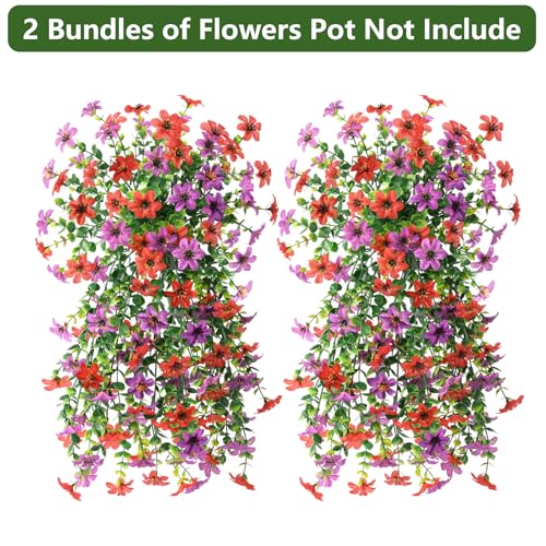 Homsunny Artificial Fake Flowers Plants for Outdoor Spring Summer Decoration, 2 PCS Faux Silk Daisy Hanging Flower Outside UV Resistant Look Real for Patio Porch Garden Balcony Home Decor(Red Purple) - color: Red Purple
