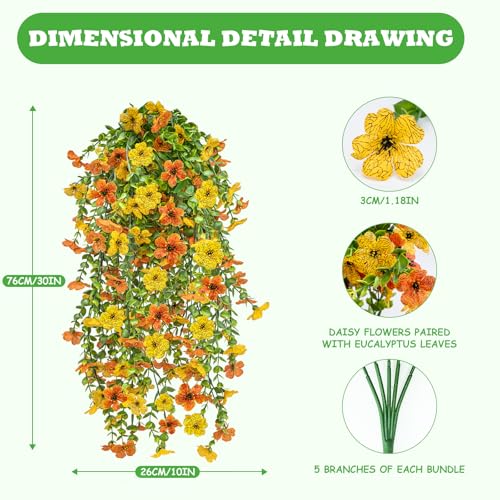 Artificial Hanging Flowers 4 Bundles UV Resistant Fake Flowers for Outdoor Decor Realistic Silk Flower Faux Plants for Patio Porch Garden Yard (Orange Yellow) - color: 4pcs Orange Yellow