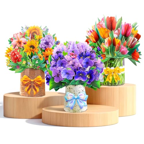 Pop Up Flower Cards 3 Pack — 3D Floral Bouquet Pop Up Cards for Mom - Mothers Day Card, Birthday Card for Women, Get Well Card with Envelope - Tulip Sunflower Violet Paper Flower Bouquets - style: Tulip Sunflower Violet