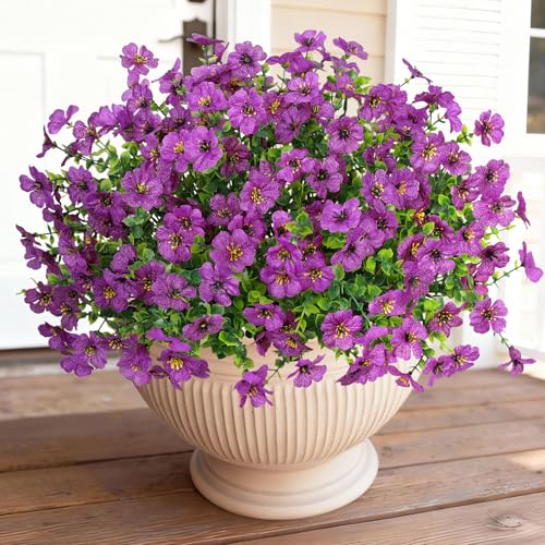 Bassion Artificial Flowers for Outdoors, 16 Bundles UV Resistant Fake Flowers Realistic Silk Faux Plants for Outdoor Planter Hanging Basket Window Box Porch Patio Garden Home Outside Decorations - color: Purple