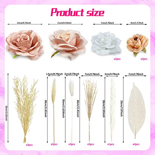 22 PCS Boho Cake Topper Decorations Vintage Artificial Rose Flowers Leaves Various Dried Pampas Grass Cake Decor for Cake Decorating for Wedding Bridal Birthday Party Supplies - color: Pink White Apricot