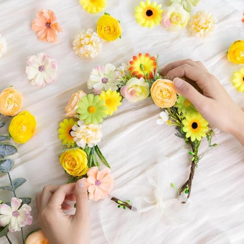 Fake Flower Heads for Crafts, 66PCS Mini Artificial Flowers Bulk, Small Silk Daisy Rose Sunflower Faux Floral Heads for DIY Hair Clips, Wedding Cake, Graduation Cap, Wreath & Party Decoration - color: Yellow