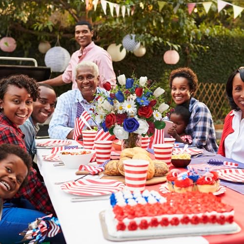 8PCS Patriotic Artificial Flowers Mixed Bush Red White Blue Rose Tulip Flowers Memorial Day Flower Bouquet for 4th of July Independence Day Grave Home Table Decoration