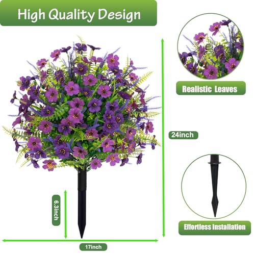 2PACK Artificial Topiary Ball Flowers Boxwood Lavender Plants with Spike,Outdoors Fake Greenery Plants UV Resistant,Plastic Faux Shrubs for Porch Yard Garden Spring Summer D17 - color: Violet Purple