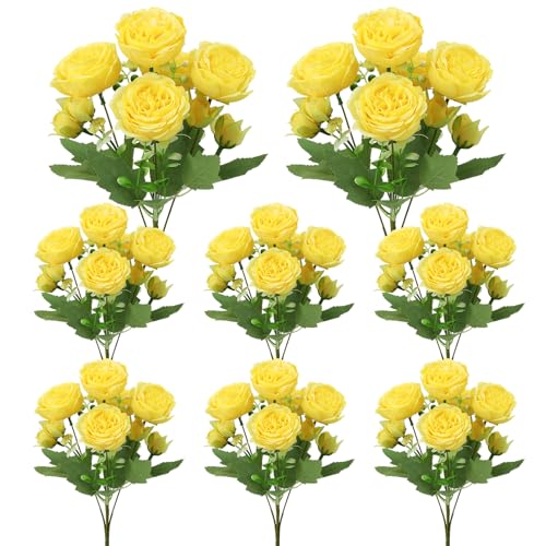 8 Pack Yellow Peonies Artificial Flowers, Fake Silk Hydrangea Bouquet for Bridal Wedding Home Table Decor Reusable Dining Opening Ceremony Birthday Arrangement Faux Floral - color: Yellow