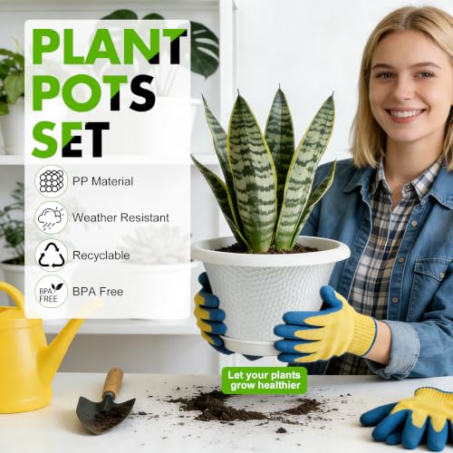 Quarut 12 Inch Plant Pot,4 Pack Large pots for Plants,Flower Pots with Drainage Hole & Saucer,Modern Planters for Indoor Outdoor Plants,Decorative Resin Garden Pots,White - color: Diamond Pattern-white, size: 12 inch-4 Pack