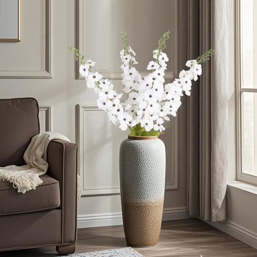42'' Long Stem White Delphinium Artificial Flowers for Tall Vases 4PCS Fake Hollyhock Silk Flowers Realistic Larkspur Faux Flower for Home Wedding Table Decor Floral Arrangement (Pure White) - color: Pure White
