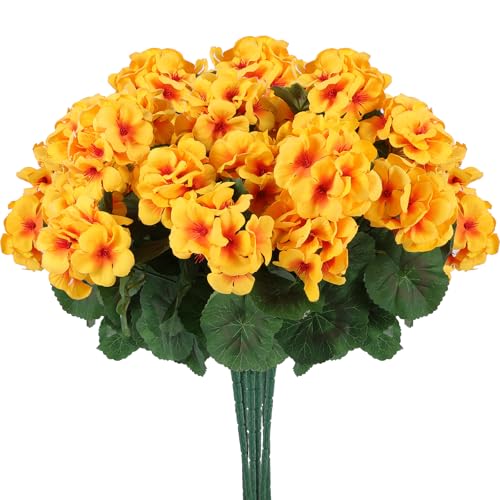 Hananona 12 Pcs Artificial Geranium Flowers for Outdoors Geranium Silk Flowers Outdoor UV Resistant Garden Plants Faux Flowers for Home Kitchen Table Centerpieces Decor (12, Yellow) - color: Yellow
