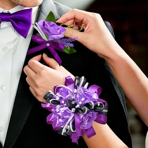 Prom Corsage and Boutonniere Set Purple,Artificial Silk Rose Wrist Corsage for Homecoming, Formal Dance Party, Wedding,Graduation,Anniversary - color: Purple
