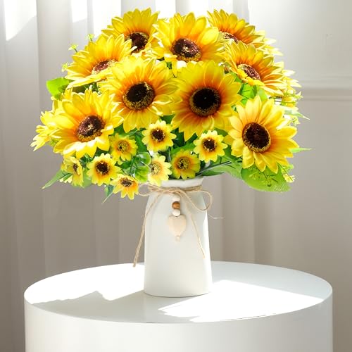 Artificial Sunflower Arrangement in Cream Vase, Silk Fake Flowers in Vase with Jute Rope & Heart Charm, Table Centerpieces for Dining Room, Kitchen and Table Décor - color: White Vase