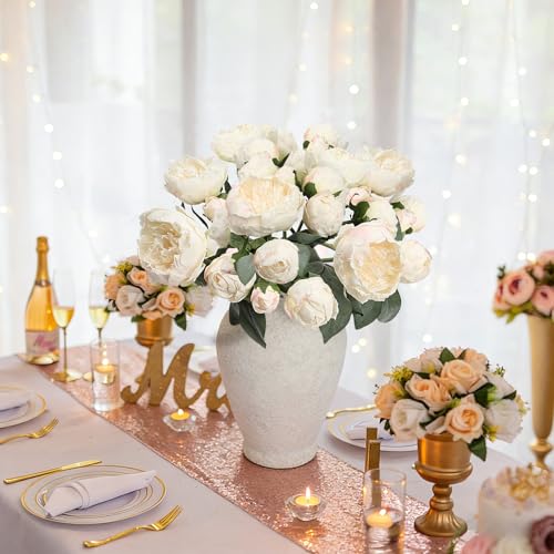 Silk Flower Peony Bouquets - 2 Pack Artificial Peonies with Stems Vintage Look Real Peonies Flowers for DIY Crafts Flower Arrangements Wedding Centerpiece Table Decor - Champagne